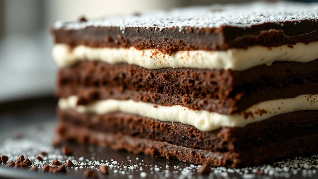 detail: close-up cross-section of chocolate lasagna showing distinct layers of mousse and mascarpone, photorealistic, natural light, no text, shallow depth of field