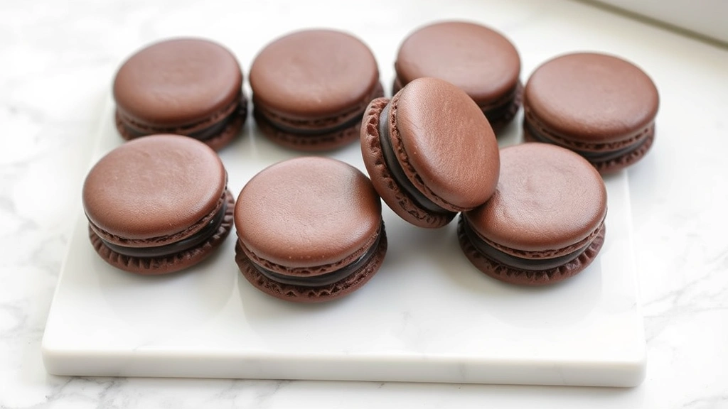 hero: perfectly baked chocolate macarons with ruffled feet and glossy shells, filled with dark chocolate ganache, arranged on a white marble surface, soft natural window light, overhead shot, no text or watermarks
