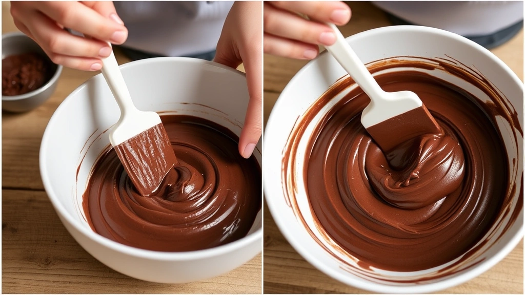 process: hands folding chocolate macaron batter in a white bowl with a rubber spatula, showing the lava-like consistency, natural kitchen lighting, close-up action shot, no text