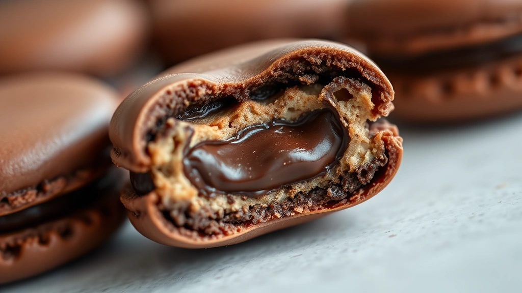 detail: cross-section of a chocolate macaron showing the almond shell and chocolate ganache filling, macro photography with shallow depth of field, natural daylight, no text or branding
