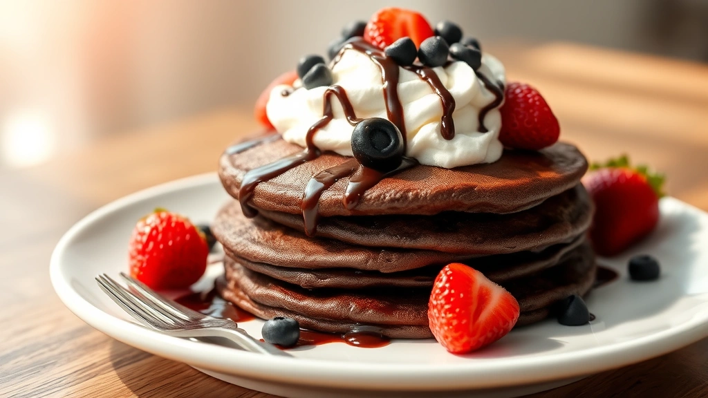 hero: stack of three fluffy chocolate pancakes topped with whipped cream, fresh berries, and chocolate drizzle on a white plate, natural morning sunlight streaming in, fork beside plate, photorealistic, no text