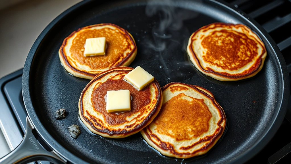 process: griddle with chocolate pancakes cooking, golden-brown pancakes mid-flip, butter melting, steam rising, close overhead angle, photorealistic, natural kitchen lighting, no text