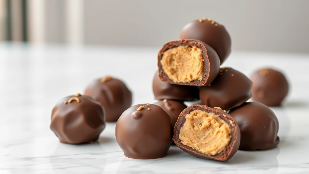 hero: stack of chocolate peanut butter balls on a white marble surface with one cut in half showing creamy peanut butter center, photorealistic, natural window light, no text, professional food photography