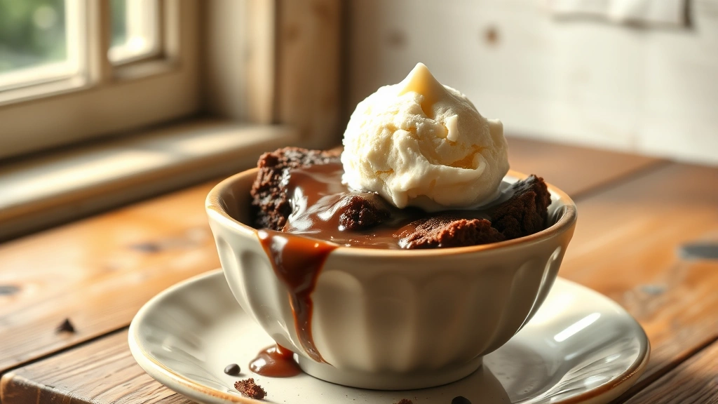 hero: warm chocolate pudding cake in ceramic bowl with vanilla ice cream melting on top, chocolate pudding oozing from sides, natural window light, rustic wooden table, no text