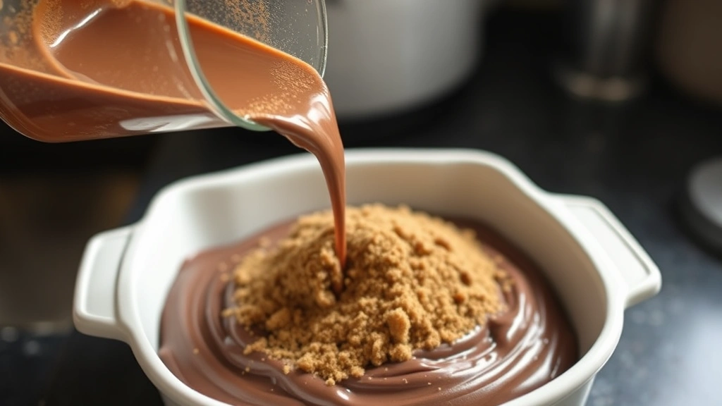 process: pouring hot water over cocoa powder and brown sugar topping on chocolate cake batter in baking dish, action shot, natural kitchen light, no text
