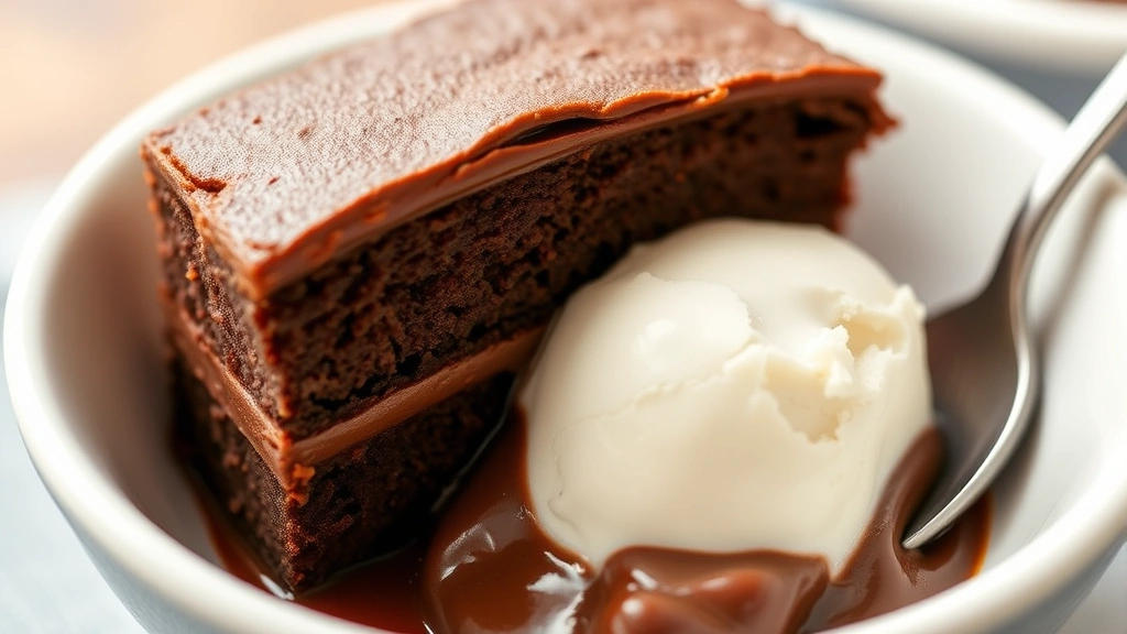 detail: close-up cross-section of chocolate pudding cake showing distinct cake layer on top and fudgy pudding layer below, served in white bowl with ice cream, shallow depth of field, no text