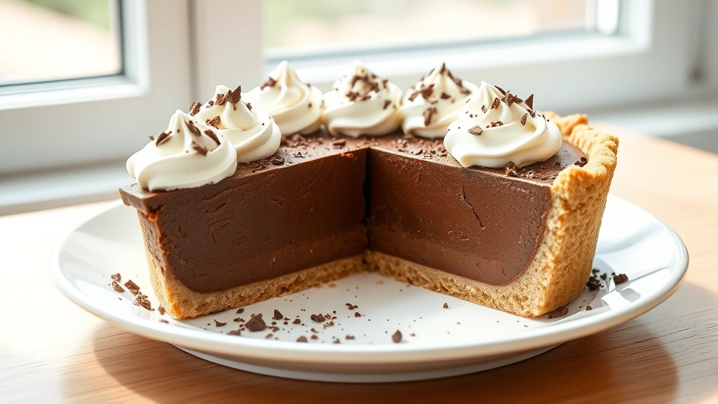 hero: whole chocolate silk pie with whipped cream topping and chocolate shavings, slice removed, on white plate, photorealistic, natural window light, no text, bright airy background