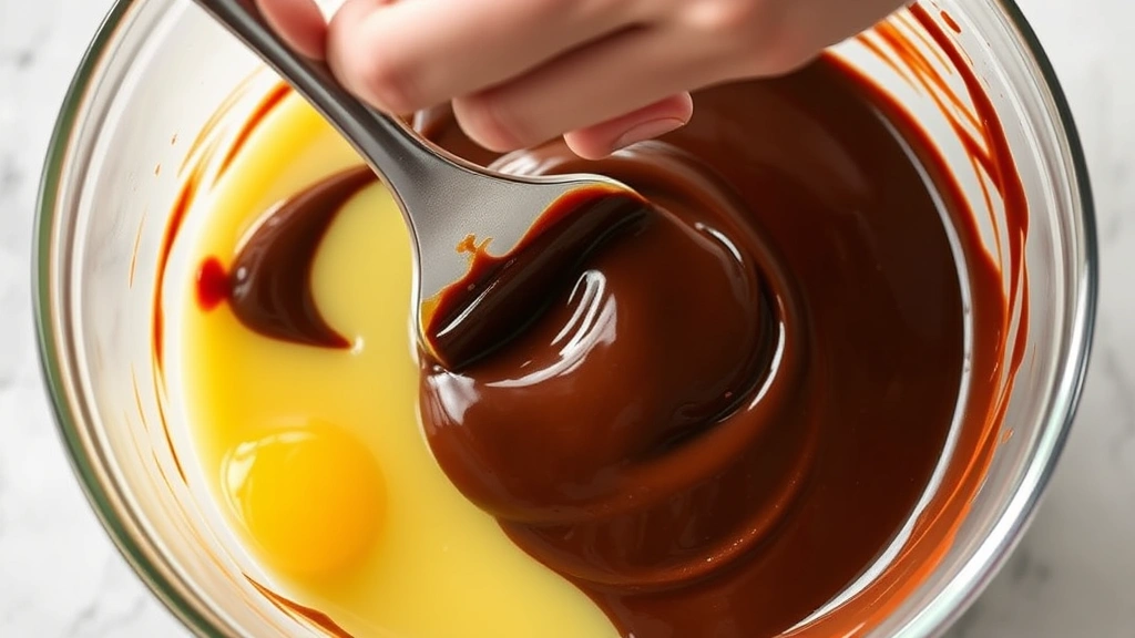 process: hand folding chocolate mixture into whisked eggs in glass bowl with spatula, photorealistic, natural light, no text