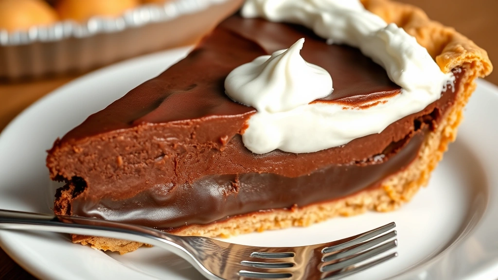 detail: close-up of pie slice showing silky chocolate filling layers with graham cracker crust and whipped cream dollop, fork on plate, photorealistic, natural light, no text