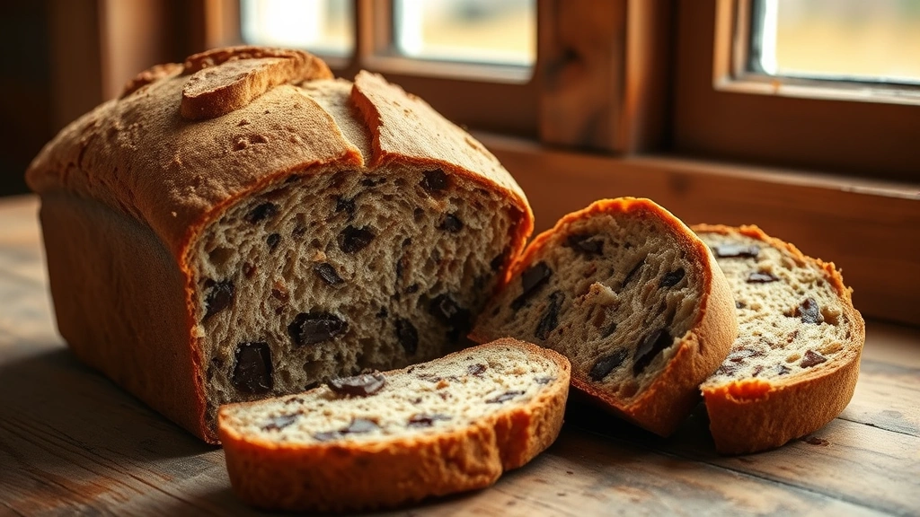 hero: golden-brown chocolate sourdough bread loaf with crispy crust, sliced in half showing chocolate pieces throughout the open crumb, warm natural window light, rustic wooden surface, no text or watermarks