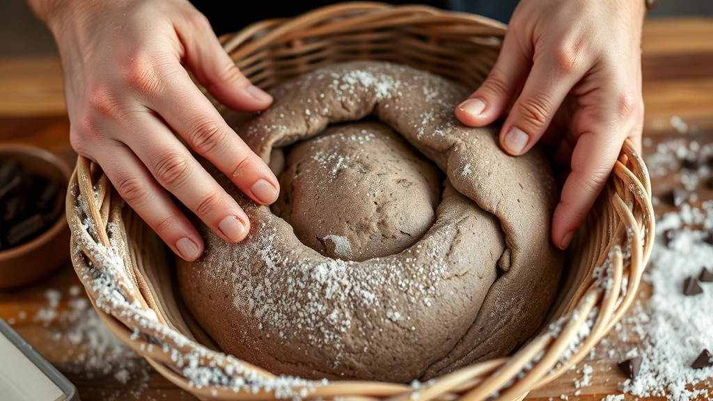 process: hands shaping chocolate sourdough dough in banneton basket, flour dusted, showing texture and chocolate pieces visible, natural kitchen lighting, close-up angle, no text