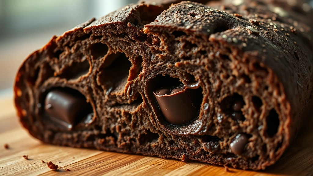 detail: close-up cross-section of toasted chocolate sourdough slice showing chocolate pockets and open crumb structure, warm natural light, shallow depth of field, no text