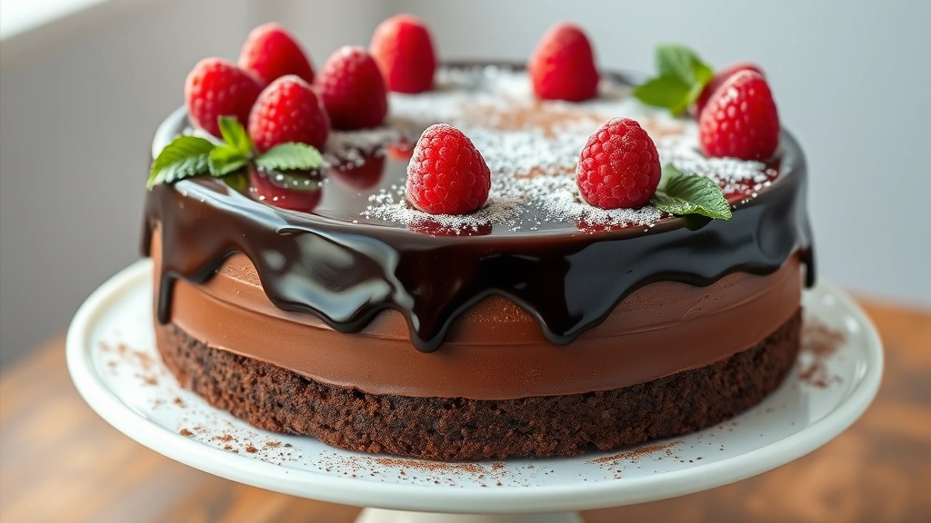 hero: Elegant chocolate torte with glossy dark chocolate ganache topping, dusted with cocoa powder and powdered sugar, garnished with fresh raspberries and mint leaves, displayed on a white cake stand, photorealistic, natural light from the side, no text
