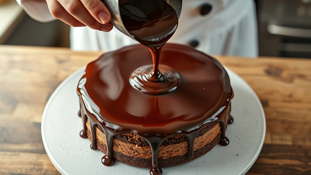 process: Pouring silky chocolate ganache over the torte from above, showing the glossy texture flowing down the sides, chef's hands visible, photorealistic, warm natural light, no text