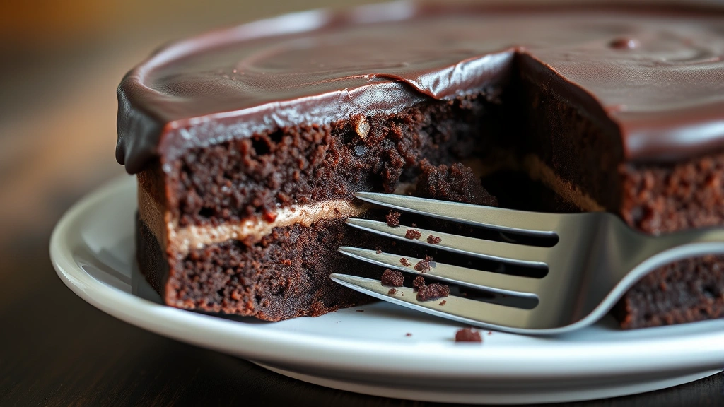 detail: Close-up cross-section of chocolate torte showing the dense fudgy cake layers and smooth ganache coating, fork taking a bite, photorealistic, natural light, no text