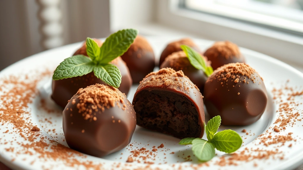 hero: beautiful plated chocolate truffles dusted with cocoa powder, arranged on white plate with fresh mint leaf, photorealistic, natural window light, soft shadows, no text