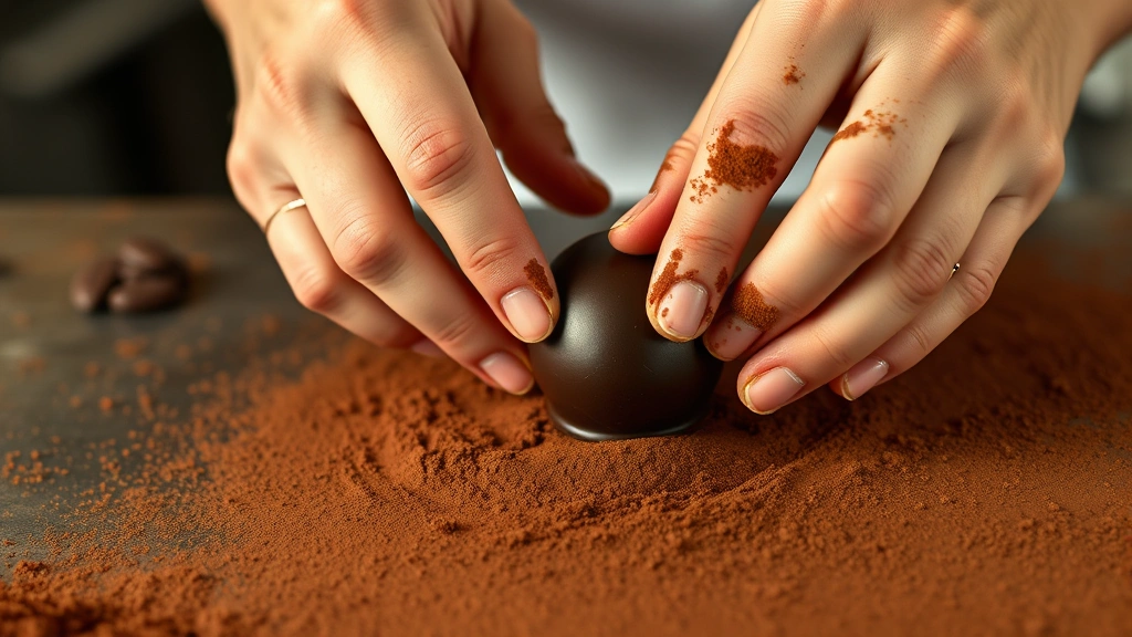process: hands rolling dark chocolate truffle in cocoa powder, close action shot, photorealistic, warm kitchen lighting, no text
