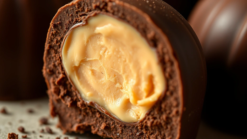 detail: cross-section of chocolate truffle showing creamy ganache center, cocoa coating, photorealistic, macro photography, natural light, no text