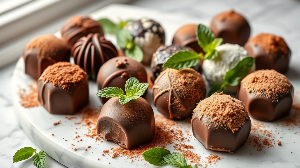 hero: Beautiful assorted chocolate truffles dusted with cocoa powder, arranged on white marble with fresh mint, photorealistic, natural soft window light, elegant composition, no text
