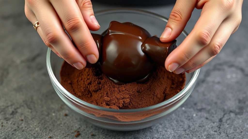 process: Hands rolling smooth chocolate ganache into a ball over a bowl of cocoa powder, close action shot, photorealistic, natural light, no text