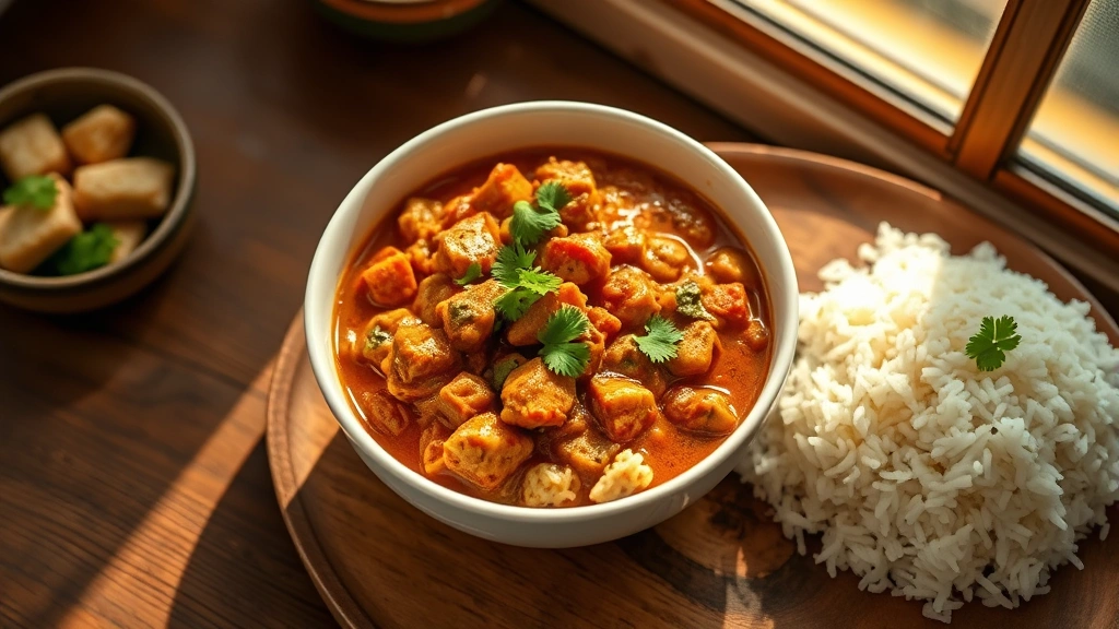 hero: overhead shot of steaming chole chana masala in a white bowl with fresh cilantro garnish, basmati rice on the side, warm golden lighting through a window, rustic wooden table