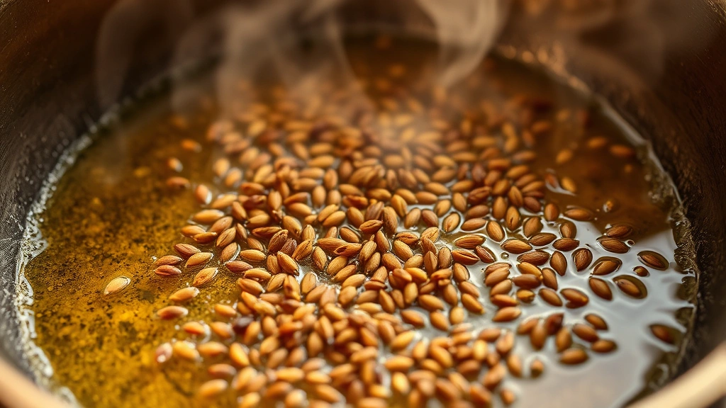 process: close-up of sizzling cumin and coriander seeds toasting in hot ghee in a copper pot, aromatic spice blooming moment, steam rising, natural daylight