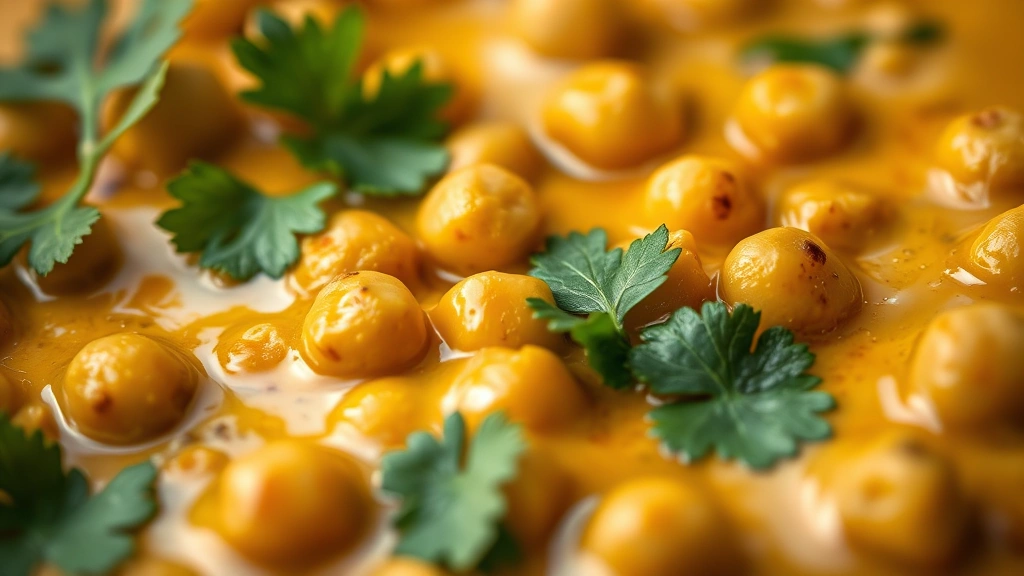 detail: macro shot of creamy chickpea curry with visible chickpeas, cilantro leaves, and ghee drizzle, shallow depth of field, warm ambient light