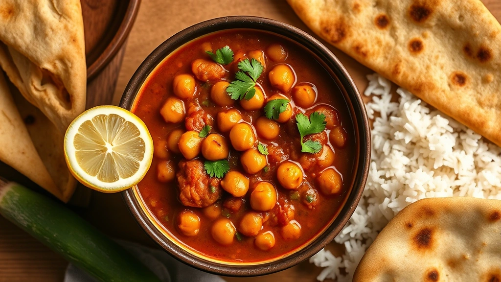 hero: steaming bowl of chole masala curry with chickpeas in rich tomato-based gravy, garnished with fresh cilantro and lemon wedge, served with basmati rice and naan bread, warm golden lighting, top-down flat lay, no text
