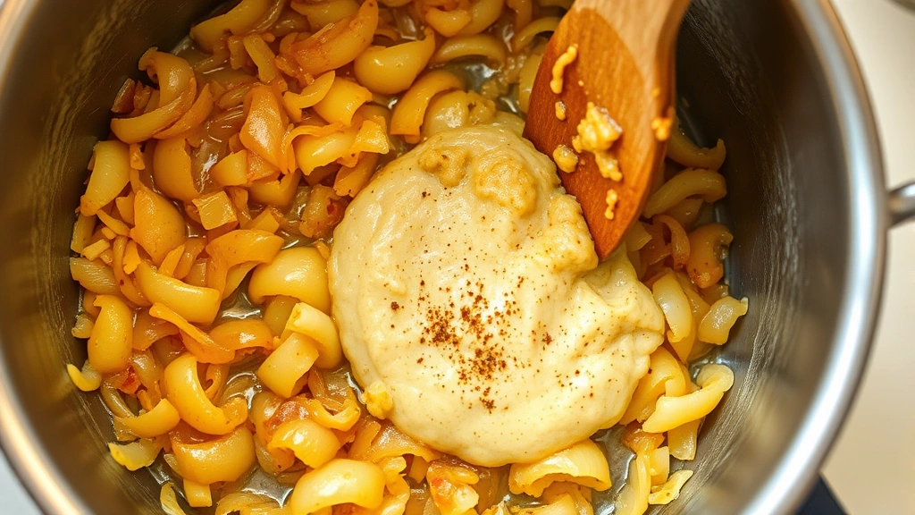 process: caramelized golden onions in pot with ginger-garlic paste being stirred in, aromatic spices visible, natural kitchen lighting, shallow depth of field, no text