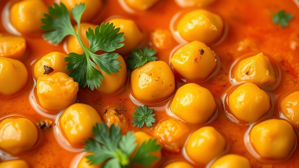 detail: close-up macro of creamy chickpeas in vibrant reddish-orange curry sauce with visible spices, cilantro garnish, warm backlighting, no text