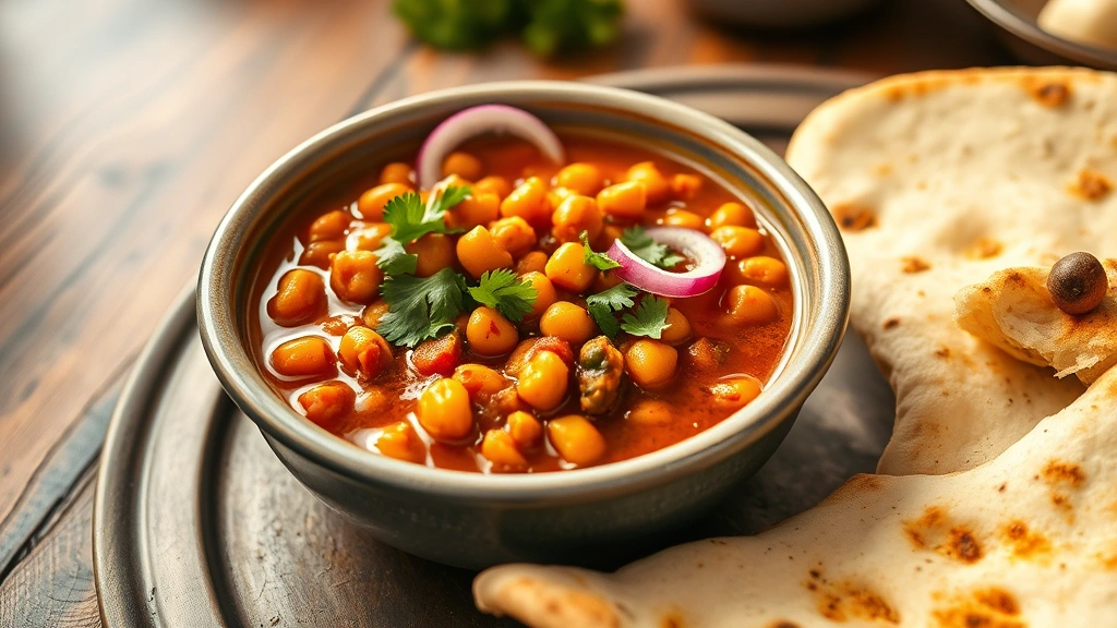 hero: steaming bowl of chole masala with chickpeas in rich tomato curry sauce, garnished with fresh cilantro and red onion slices, served with naan bread on the side, warm golden lighting, rustic Indian table setting, photorealistic, natural light, no text