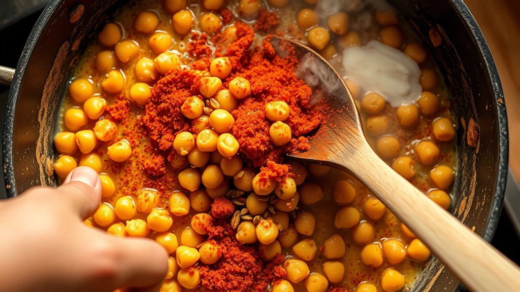 process: hand stirring chickpeas in pan with aromatic spice mixture, steam rising, ginger-garlic paste and toasted cumin seeds visible, warm kitchen lighting, overhead angle, photorealistic, natural light, no text