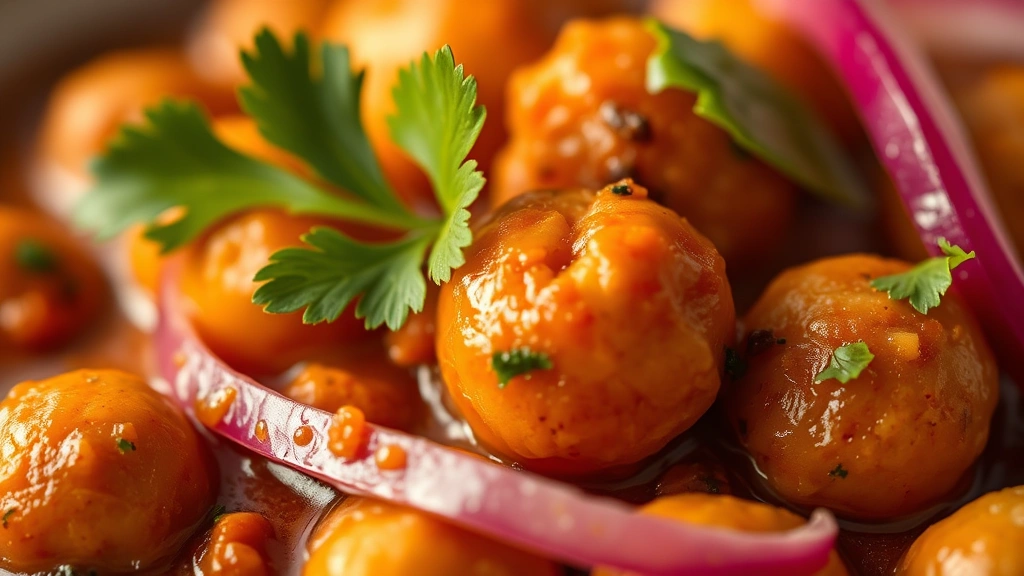 detail: close-up macro shot of individual chickpea coated in rich masala sauce with cilantro leaf and red onion slice, shallow depth of field, warm golden hour lighting, photorealistic, natural light, no text