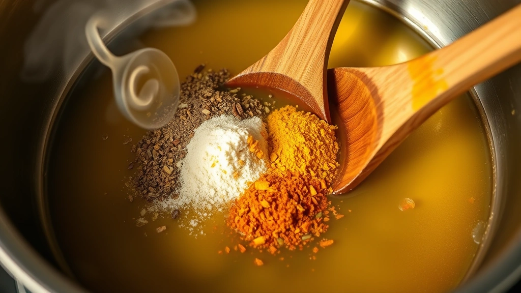 process: close-up of spices being bloomed in ghee in a heavy pot, showing cumin, coriander, and turmeric powder mixing with golden oil, aromatic steam rising, wooden spoon stirring, photorealistic, natural kitchen lighting, no text