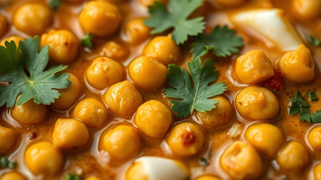 detail: macro close-up of creamy chole masala showing individual chickpeas coated in rich spiced sauce with fresh cilantro leaves, coconut milk swirls, and tomato pieces visible, shallow depth of field, photorealistic, warm natural light, no text