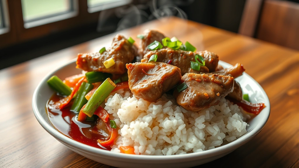 hero: steaming chop suey over rice with crispy vegetables, soy sauce gloss, garnished with green onions, natural window light, wooden table background, professional food photography, no text