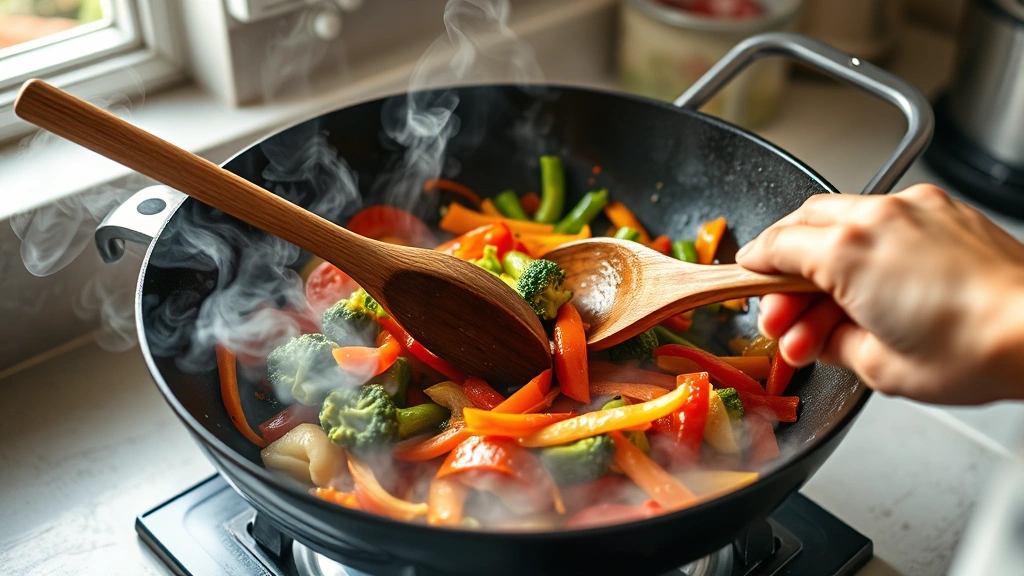 process: hands stirring vegetables in smoking wok with wooden spoon, vibrant colorful vegetables mid-cook, steam rising, natural kitchen light, no text