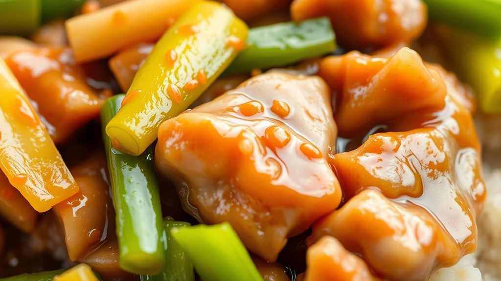 detail: close-up of chop suey with glistening sauce, individual vegetable pieces visible, sesame oil sheen, crispy celery and snap peas, shallow depth of field, no text