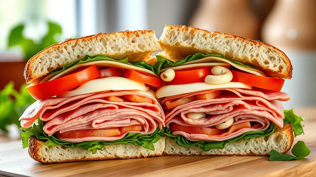 hero: fully assembled chopped Italian sandwich cut in half showing layers of deli meats, mozzarella cheese, roasted red peppers, and artichoke hearts, photorealistic, natural window light, no text