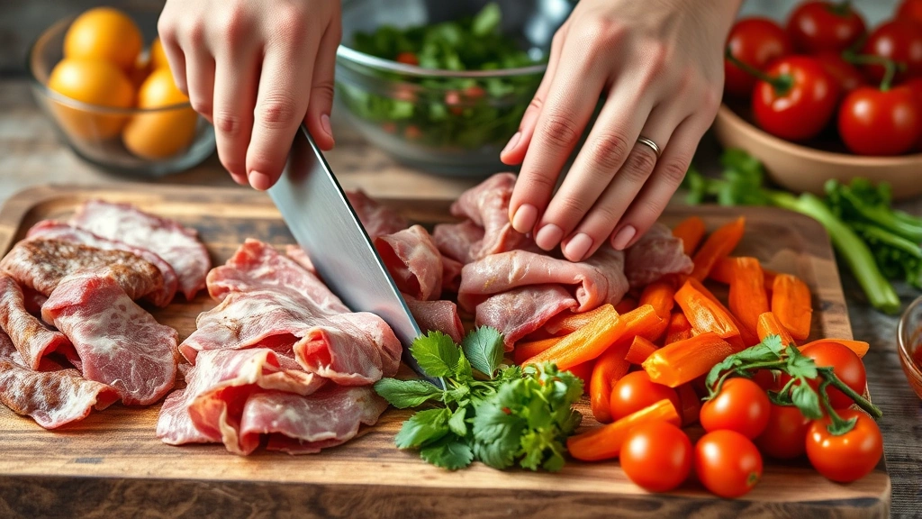 process: hands chopping Italian deli meats and vegetables on wooden cutting board with mixing bowl in background, photorealistic, natural light, no text