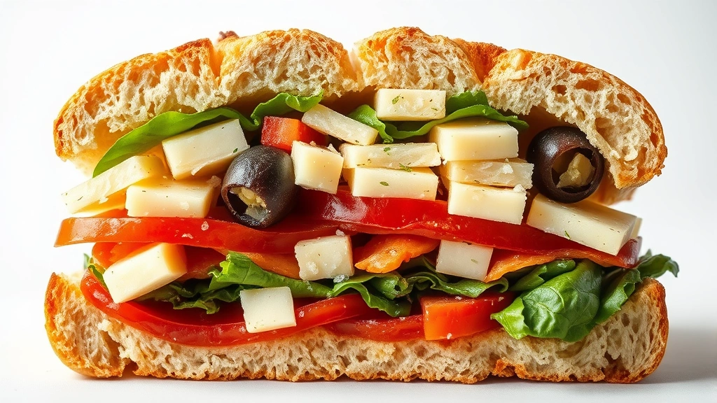 detail: close-up cross-section of chopped Italian sandwich showing texture and distribution of all ingredients including olives and cheese, photorealistic, natural light, no text