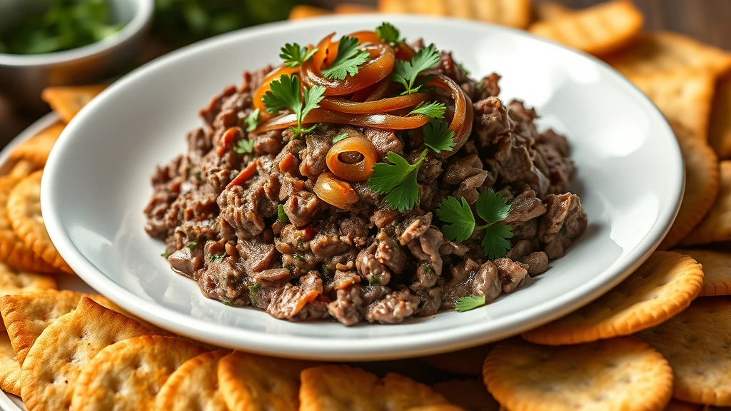 hero: elegant mound of chopped liver on white plate, garnished with fresh parsley and caramelized onions, surrounded by matzo and crackers, photorealistic, warm natural light, no text, styled for food magazine
