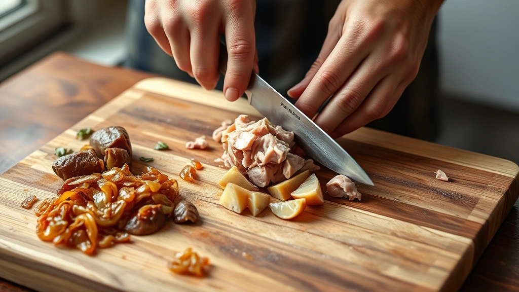 process: hands chopping chicken livers with mezzaluna knife on wooden cutting board, golden caramelized onions visible, photorealistic, natural window light, no text, artisanal cooking technique