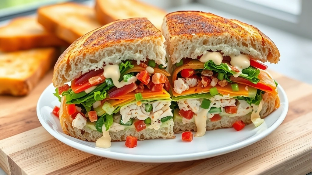hero: A perfectly assembled chopped sandwich cut diagonally in half, showing the colorful layers of finely chopped vegetables, chicken, cheese and bacon mixed with creamy dressing, sitting on a white plate with a rustic wooden cutting board background, golden toasted bread, natural window light, vibrant fresh colors, no text or watermarks
