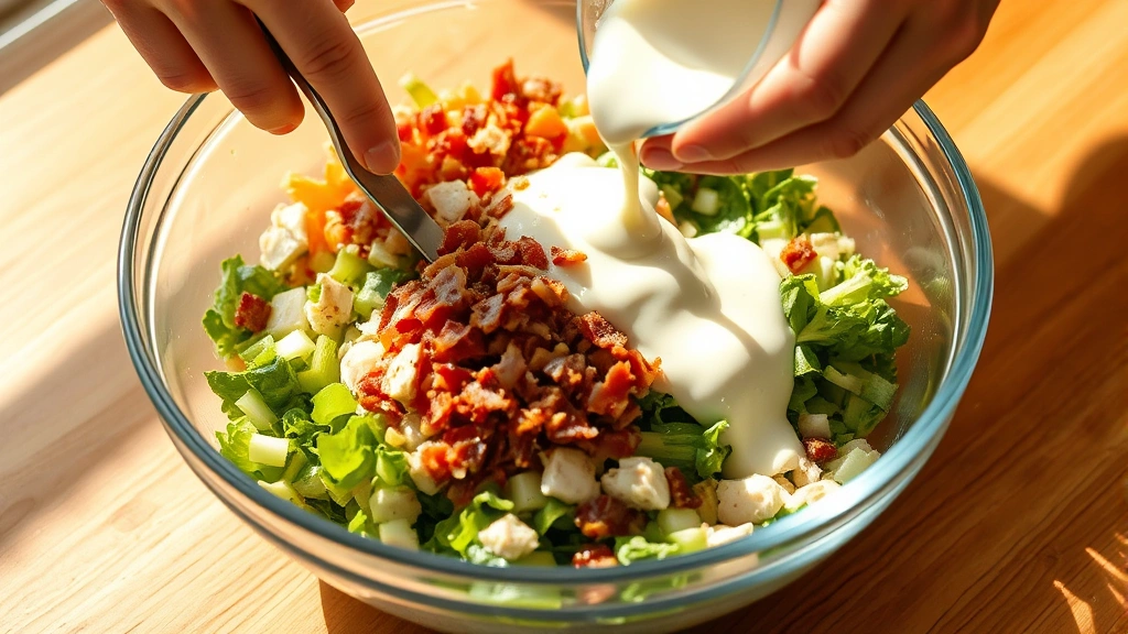 process: Hands mixing finely chopped vegetables, chicken, and bacon in a large clear glass bowl with creamy dressing being poured over, showing the chopping and combining technique, bright natural daylight streaming in, wooden countertop surface, no text