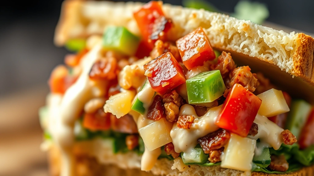 detail: Close-up macro shot of a single bite of chopped sandwich showing the texture of all the finely chopped ingredients - lettuce, tomato, cucumber, cheese, bacon bits, and creamy dressing perfectly combined, shallow depth of field, vibrant colors, studio lighting, no text