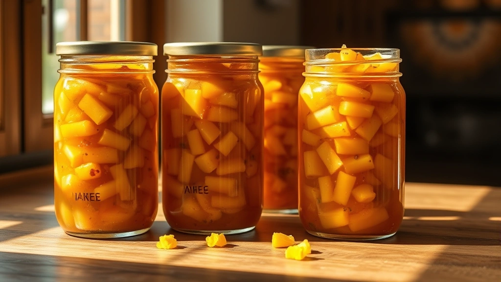 hero: glass jars filled with golden-yellow chow chow relish with visible vegetables, sitting on wooden surface, natural sunlight streaming through window, no text, professional food photography