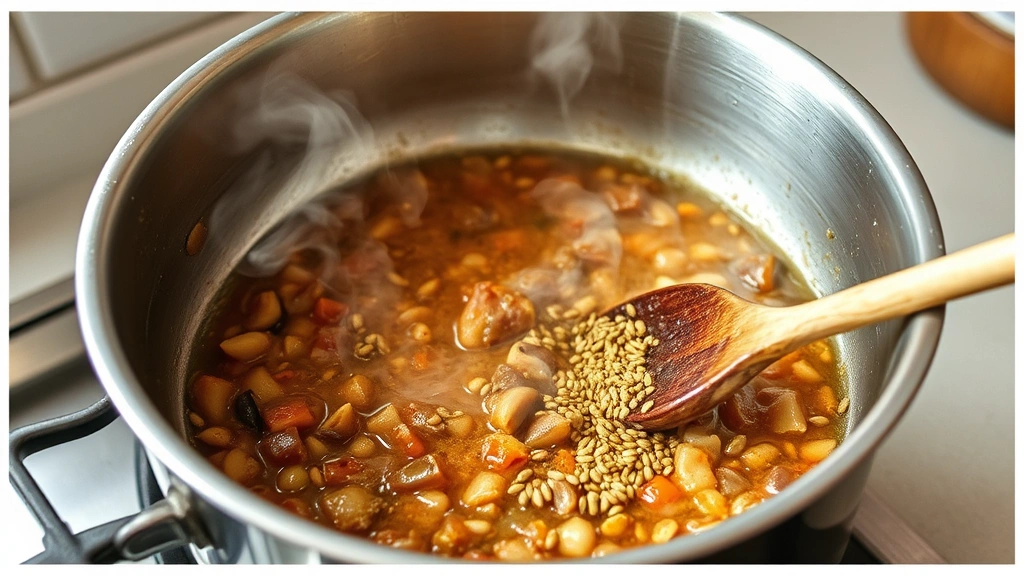 process: large stainless steel pot with simmering vegetable mixture and mustard seeds visible, steam rising, natural kitchen lighting, wooden spoon stirring, no text