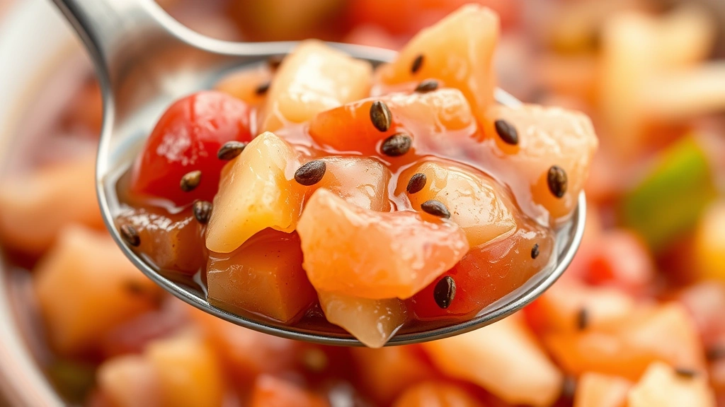 detail: close-up macro shot of chow chow relish in spoon showing texture of cabbage, tomatoes, and peppers with spice seeds, glossy vinegar glaze, natural light, no text