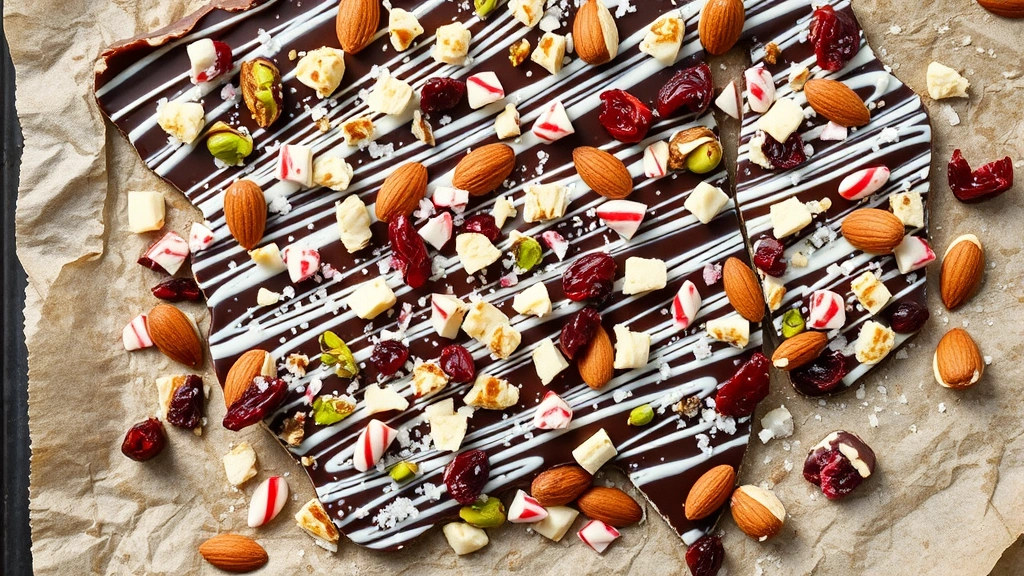 hero: Festive homemade Christmas bark with dark and white chocolate drizzles, crushed candy canes, pistachios, dried cranberries, toasted almonds, and sea salt on parchment paper, photorealistic, natural overhead lighting, no text
